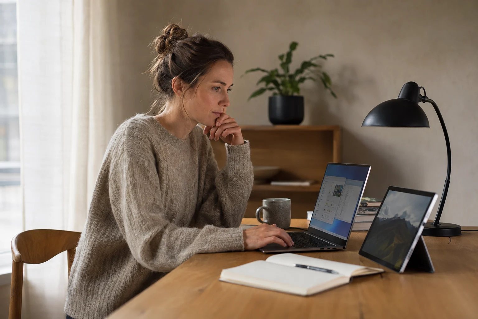 A person using a laptop and tablet at a warm home workspace