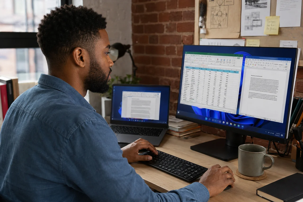 A man working in Windows on a monitor in a city studio