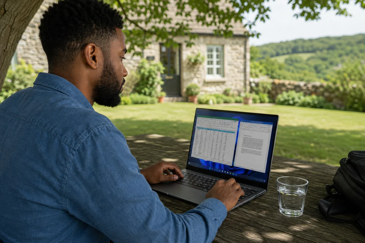 The same man working in Windows on a laptop in a rural garden