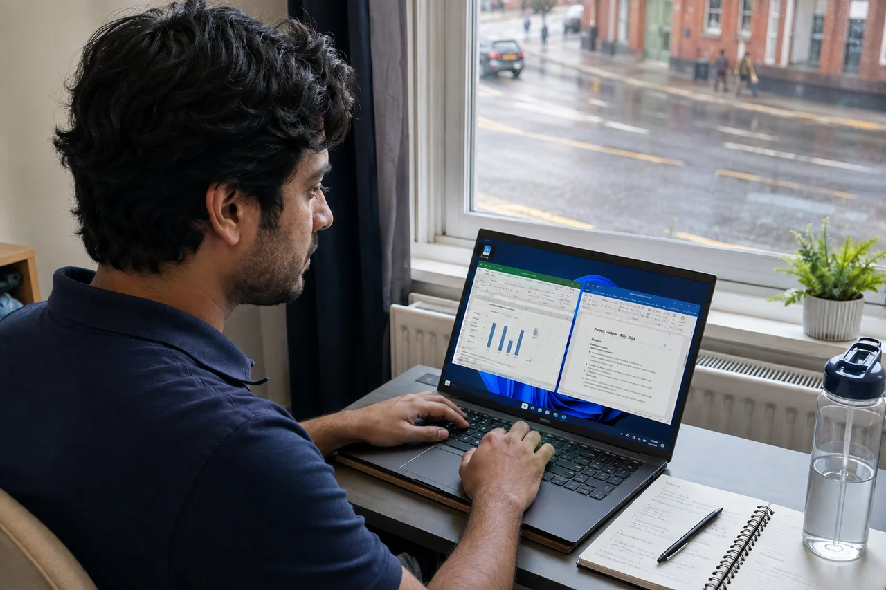 A man working in Windows on a laptop in his apartment
