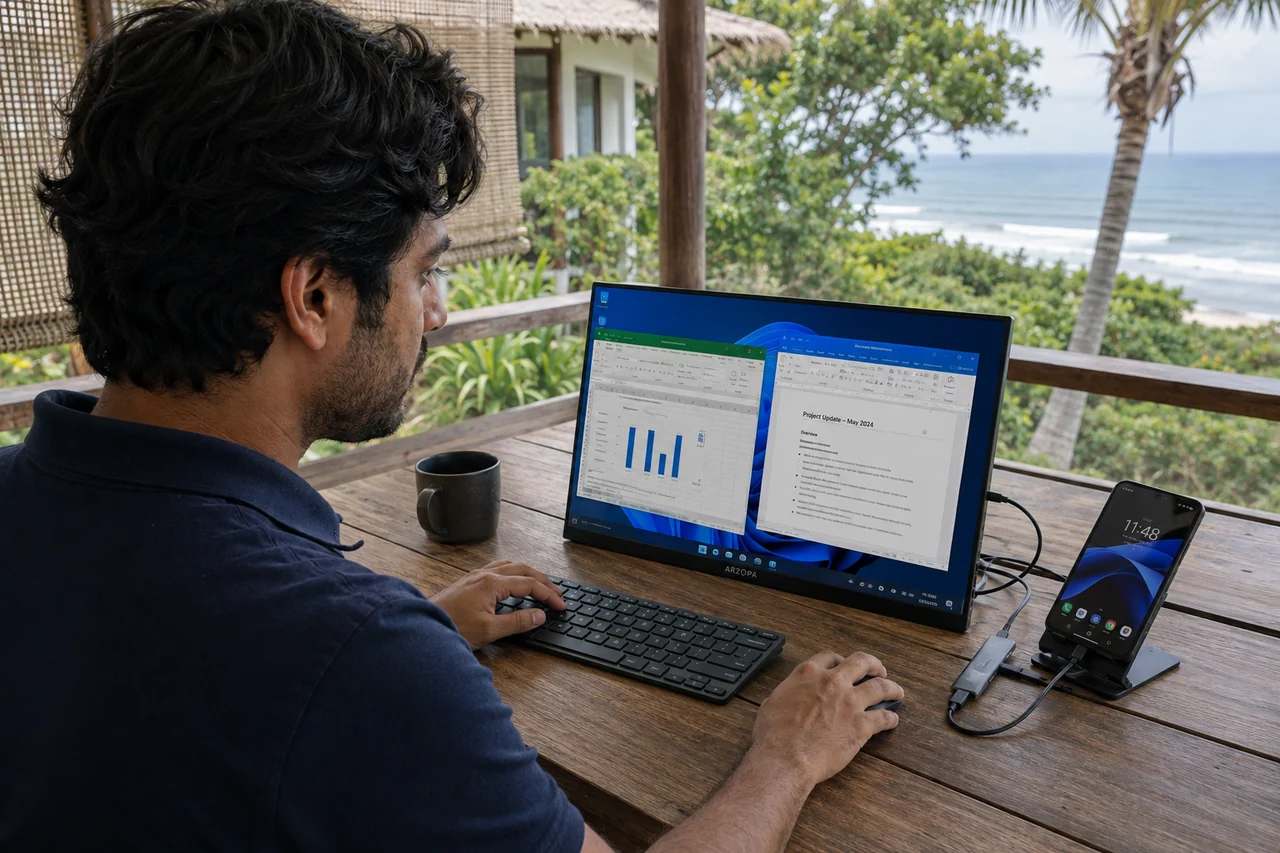 The same man using his Windows workspace from a phone and portable monitor by the coast