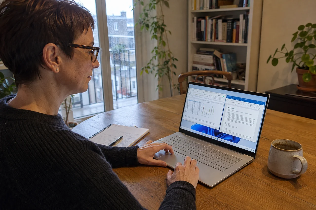 A woman using her Windows workspace on a laptop at home