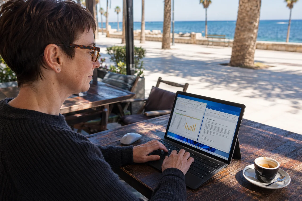 The same woman using her Windows workspace on a tablet at a seaside café