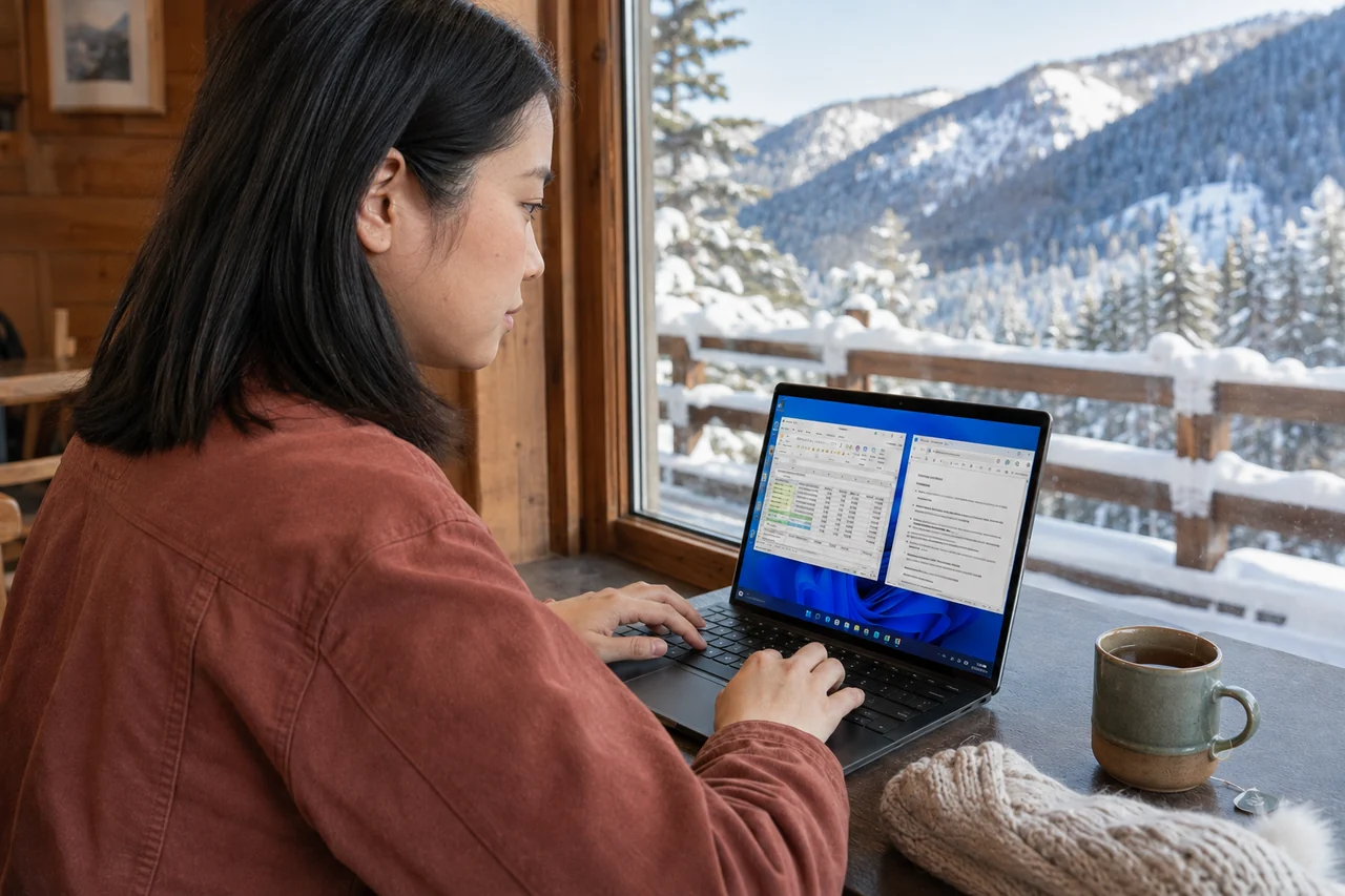 The same woman working in Windows on a laptop in a snowy mountain lodge
