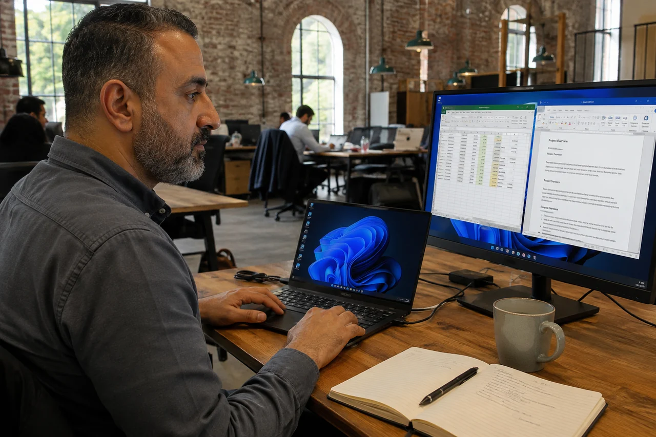 A man using a Windows workspace in a shared city office