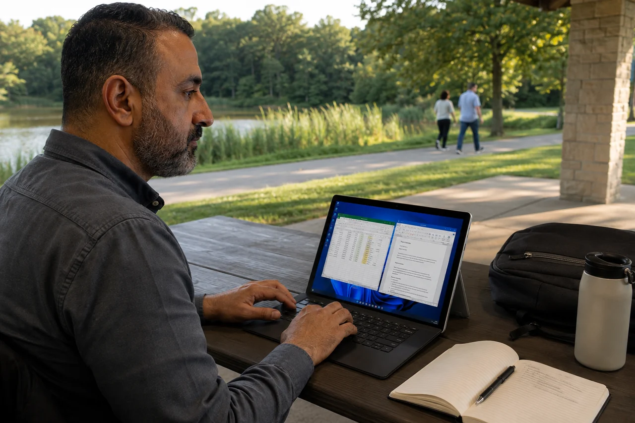 The same man using his Windows workspace on a tablet beside a lake