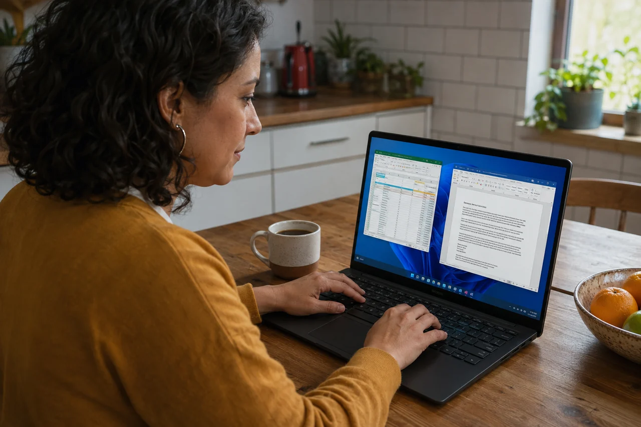 A woman working in Windows on a laptop in her kitchen