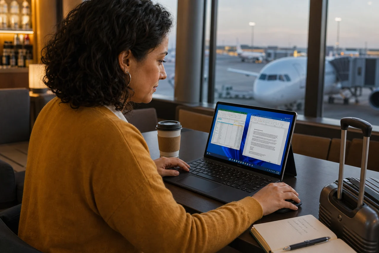 The same woman using her Windows workspace on a tablet in an airport lounge