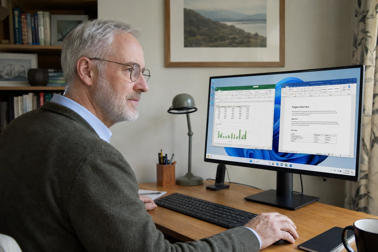 A man using a Windows desktop monitor in his home office
