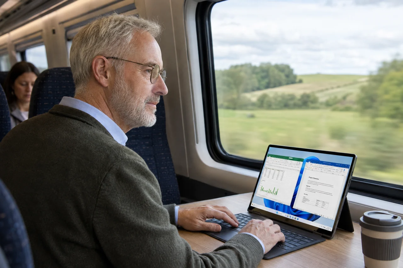 The same man using his Windows workspace on a tablet on a train