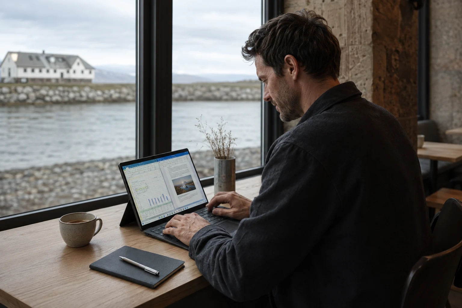 An independent professional using a tablet and keyboard beside a cafe window