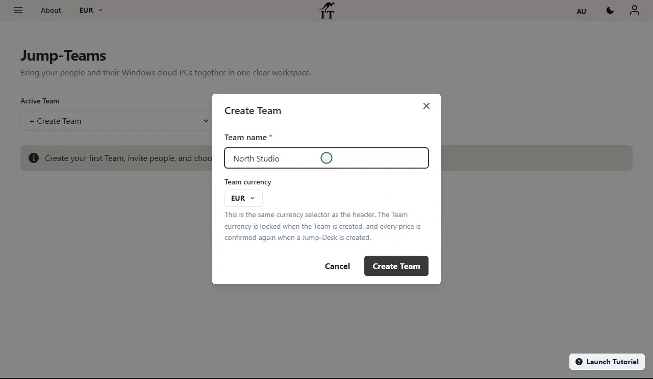 Create Team dialog with the fictional North Studio name and EUR currency.