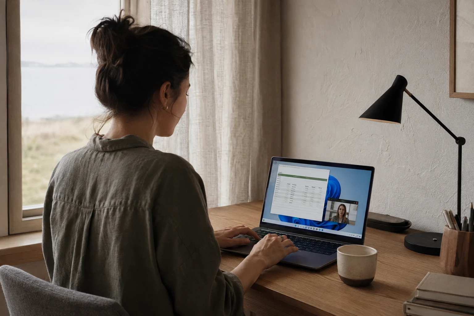 A remote professional using a Windows workspace from a laptop at a calm home office desk